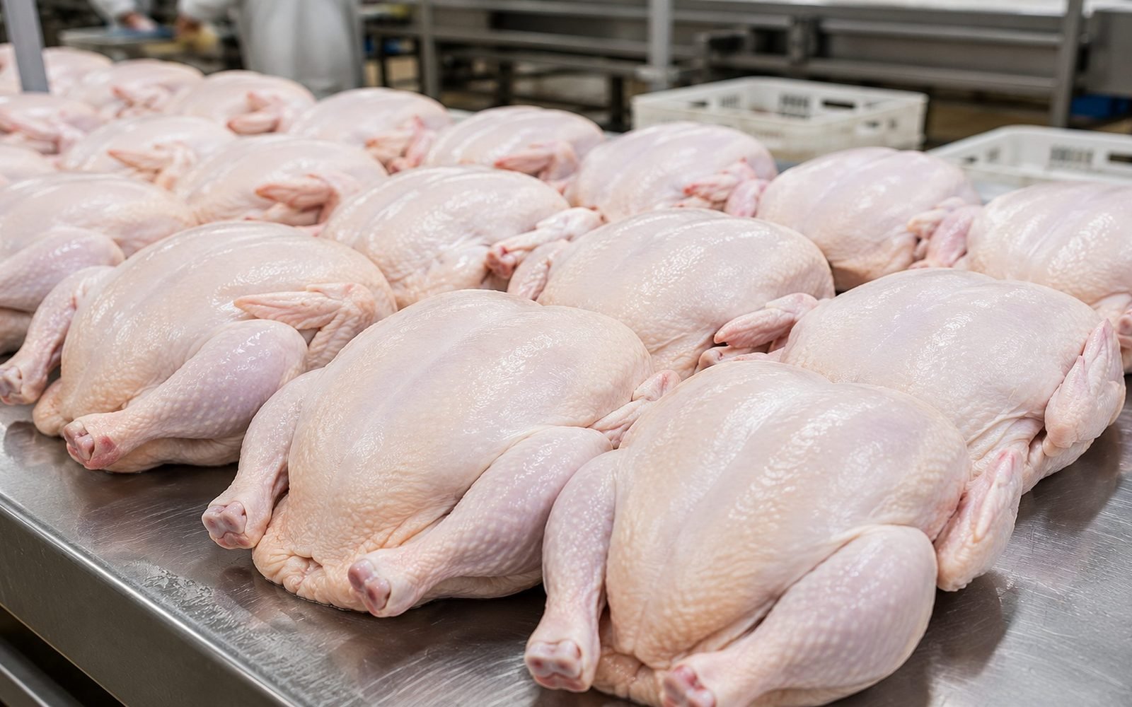 Fresh chicken cleaned on site at our Hwange poultry farm, laid out ready for collection